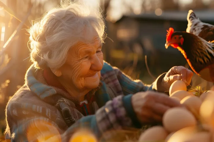Une femme âgée dans un poulailler
