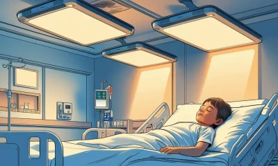 Un enfant dans un lit d'hôpital sous un panneau de luminothérapie