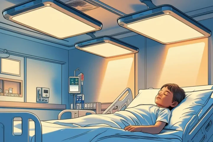 Un enfant dans un lit d'hôpital sous un panneau de luminothérapie